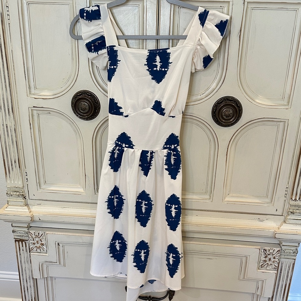 SHEIN White Mini Dress with Navy Blue Tie-Dye Motif